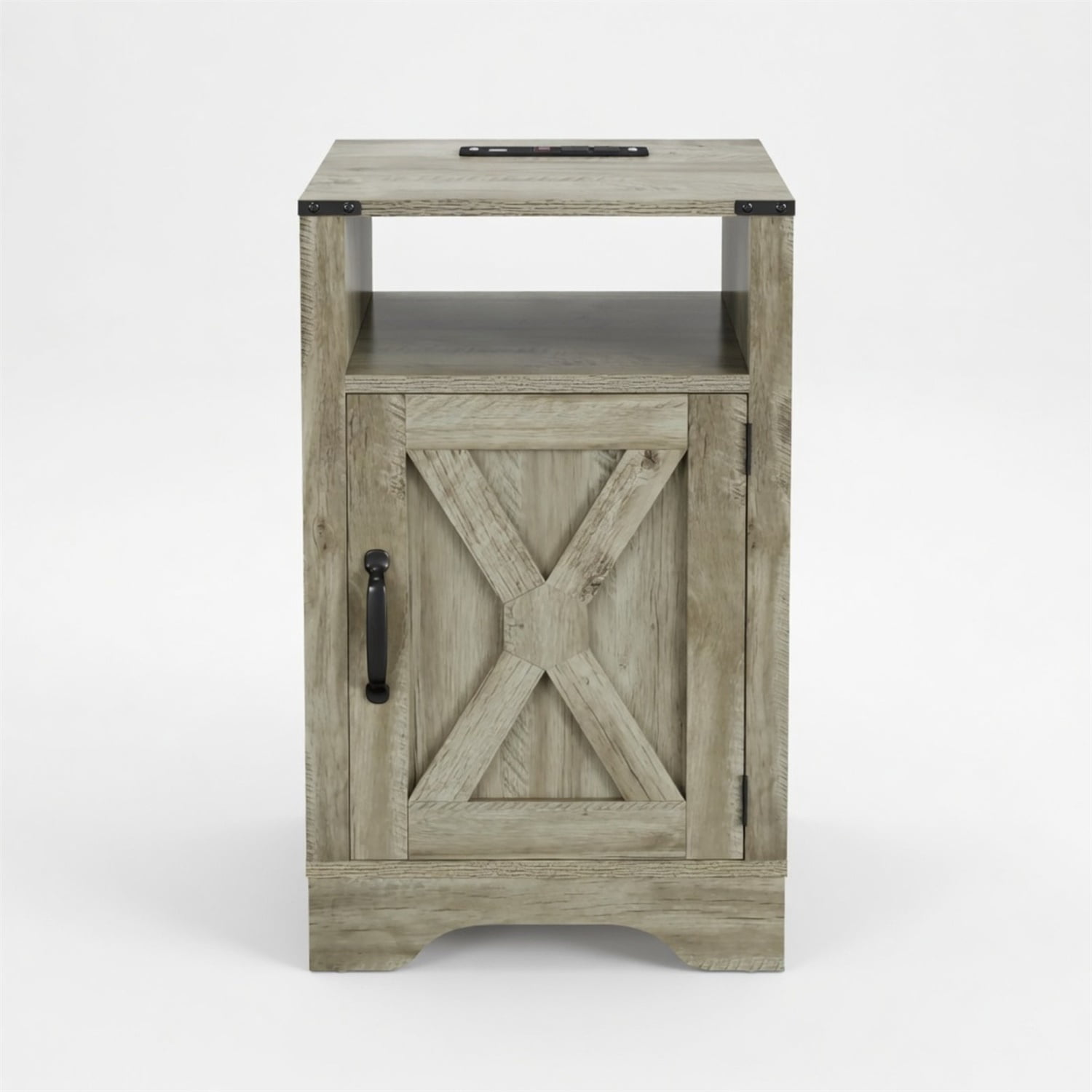 Hommoo 16"W Farmhouse Nightstand Sofa Side Table with Charging Station & Shelf Storage, Light Gray