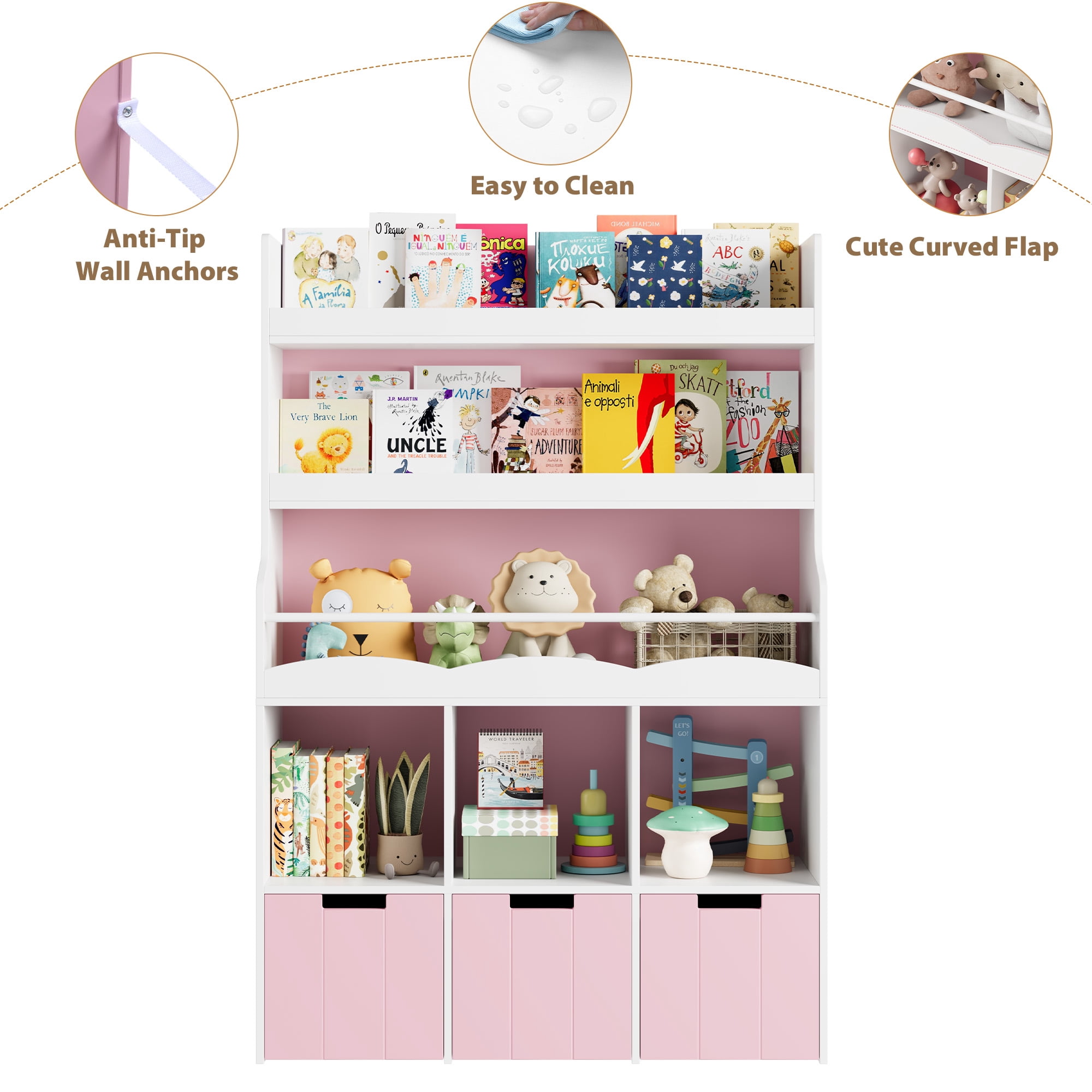 Homfa 55.5” H Kids Bookshelf with 2-Tier Book Shelves, Children Toy Organizer with 3 Cubes and Removable Drawers, Pink & White