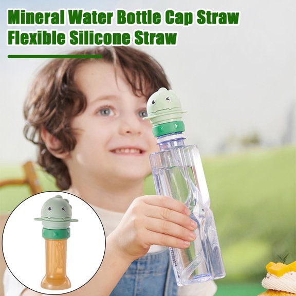 Sunjoy Tech Dinosaur Straw Anti Choking Baby Kids Universal Bottle Cap Straw with Conversion Head BPA-Free Silicone Dinosaur Shape Mineral Water Bottle Lid Straw Accessory