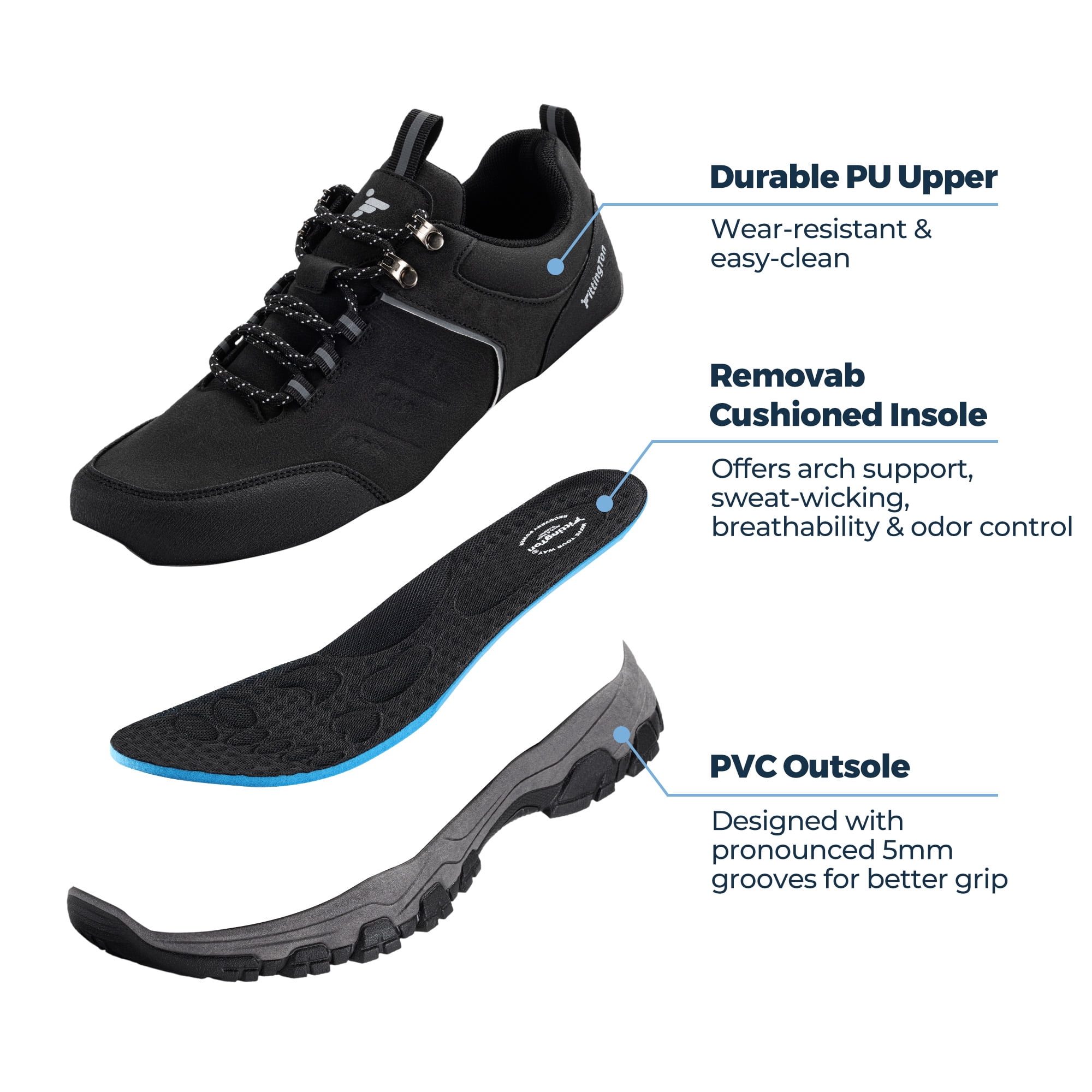 Fittington Men's Hiking Shoes Trekking Trails Outdoor Sneakers Walking Shoes with Arch Support, Reflective Safety Feature
