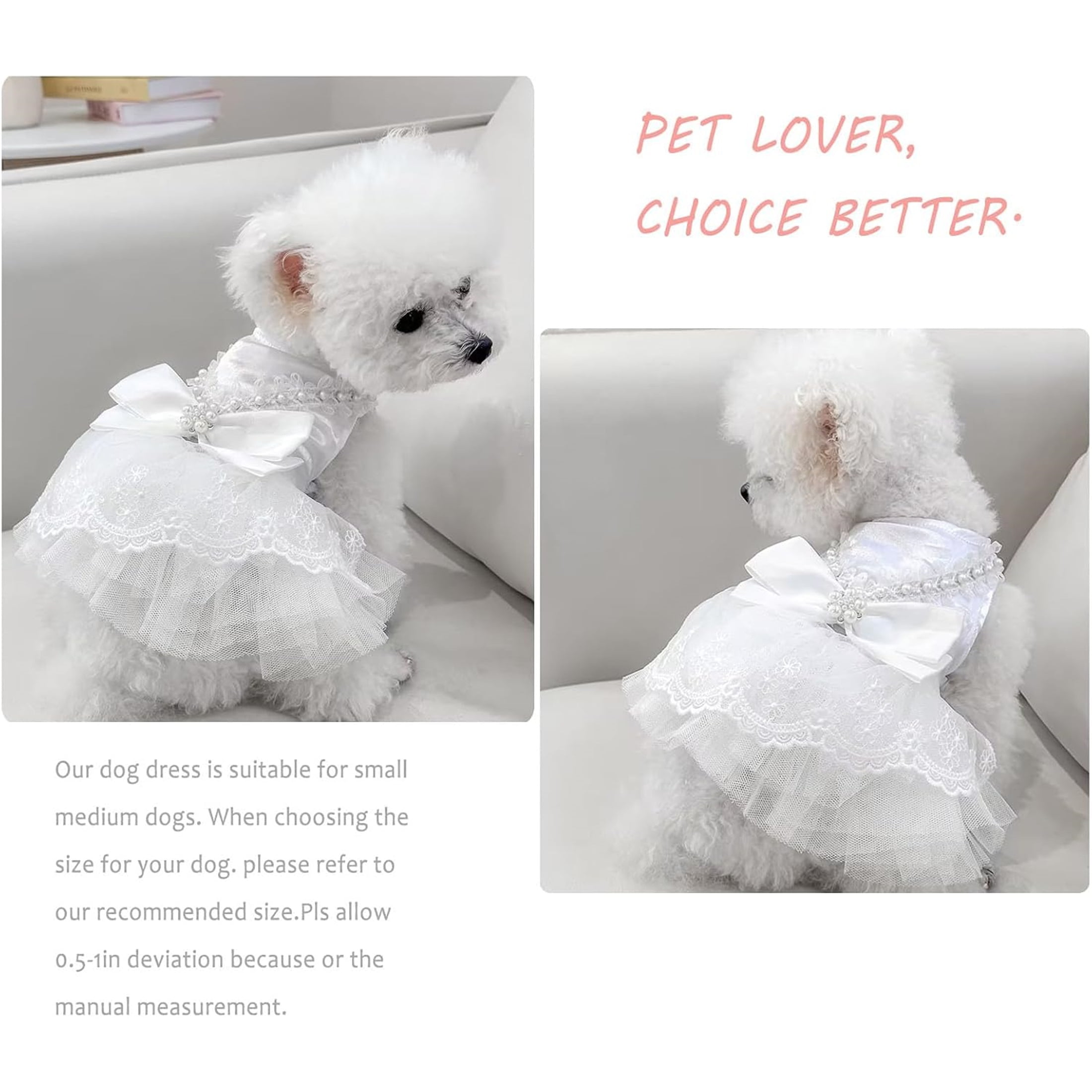 White Dog Wedding Dress Puppy Tutu Skirt with Bow and Pearl Decoration,L,White