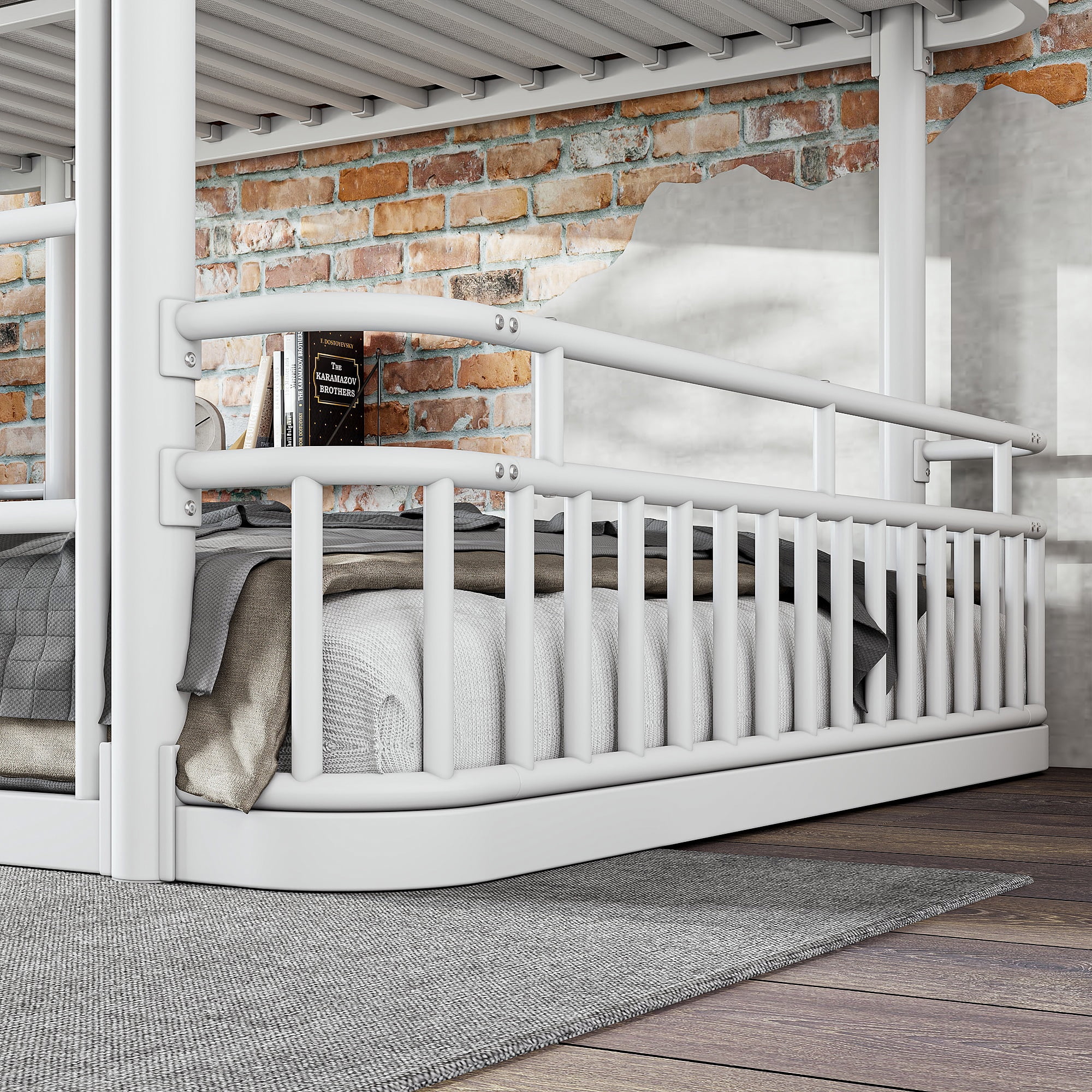 Leumius Queen over Queen Bunk Bed Frame with Ladders & Guardrails, Upgraded Round-Pipe Metal Frame, Stylish & Versatile for Any Room,White