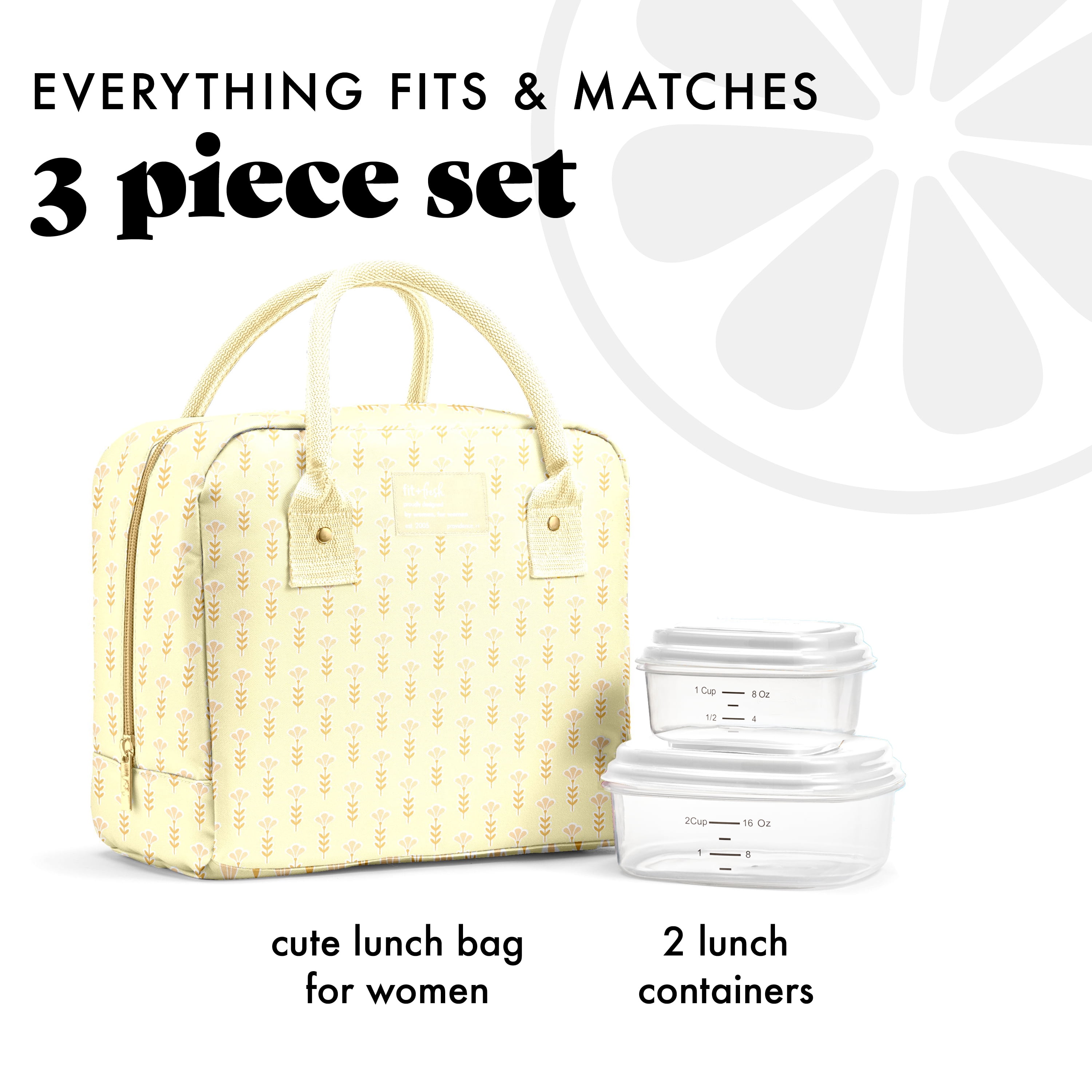 Fit + Fresh Bloomington Womens Lunch Bag, Insulated Lunch Box With Containers, Yellow Tiny Flowers