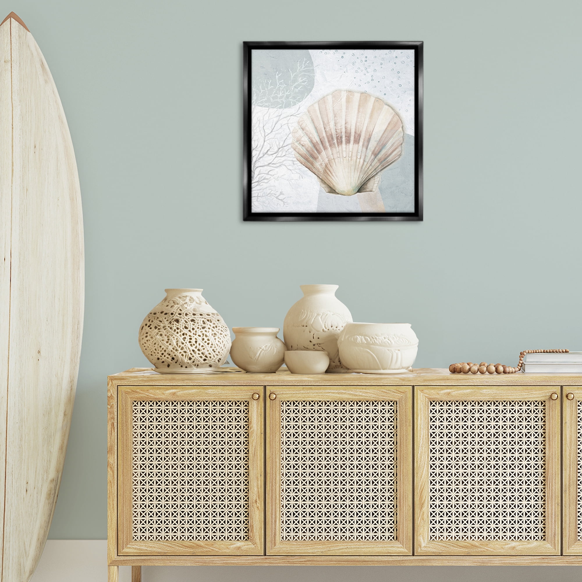 Stupell Industries Seashell Circle Pattern Coastal Painting Black Floater Framed Canvas Art Print Wall Art, 25 x 25