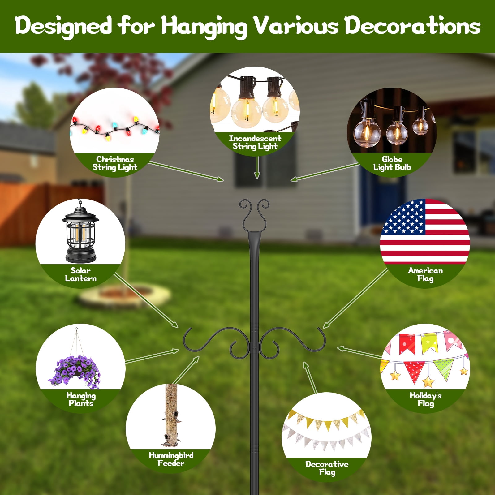 2-Pack 10-Foot Outdoor String Light Poles - Heavy-Duty Metal Patio Light Posts with Shepherd's Hooks for Hanging Lights, Plants & Bird Feeders