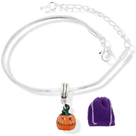 Pumpkin Orange Jack O Lantern Snake Chain Charm Bracelet