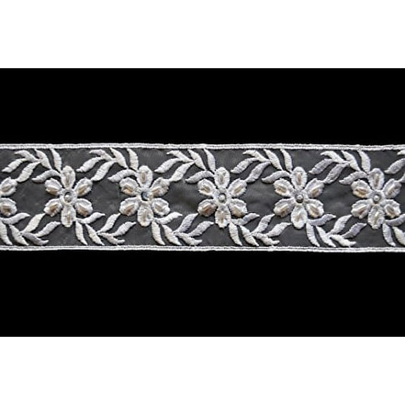 Altotux 2 - 5/8" White Sheer Organza Embroidered Pearls Sequins Floral Trim