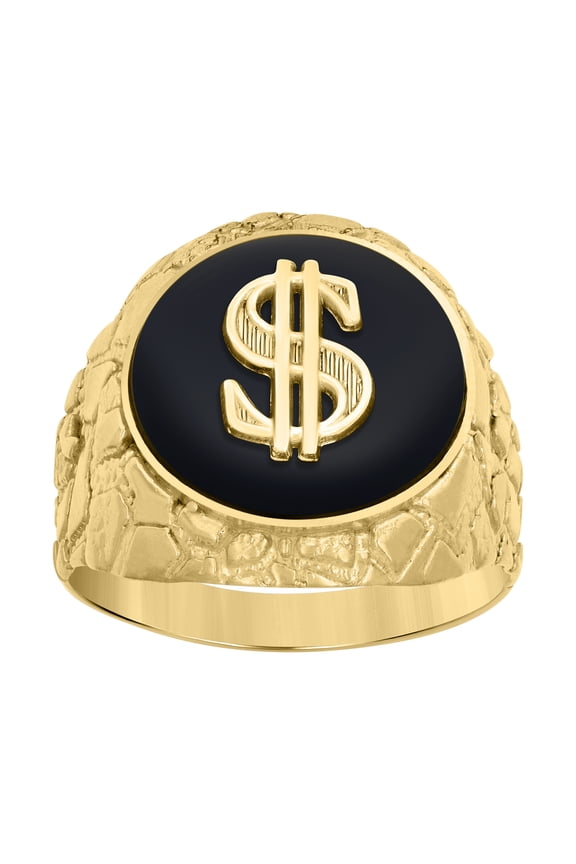 10k Yellow Gold Men Black Enamel Dollar Sign Currency Ring