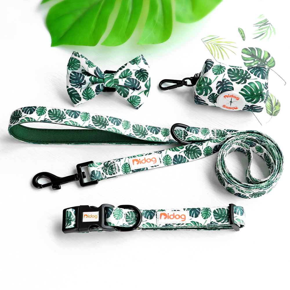 Didog Floral Cute Bowtie Dog Collar & Leash & Poop Bags Holder Adjustabale for Puppy