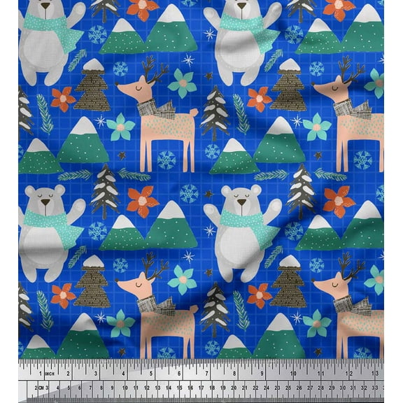 Soimoi Blue Cotton Voile Fabric Bear & Reindeer Cartoon Print Sewing Fabric Yard 42 Inch Wide