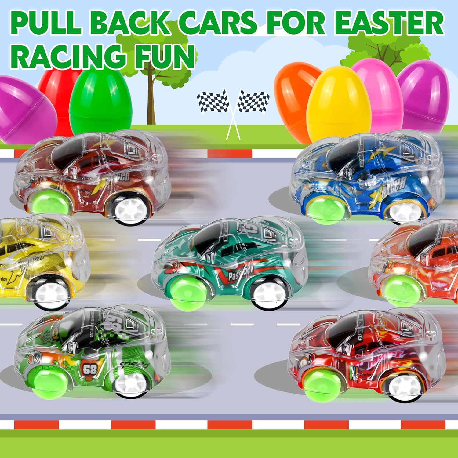 Prefilled Easter Eggs 24 Pack With Pull Back Toy Cars, Plastic Eggs With Toys Inside For Easter Egg Hunt, Basket Stuffers, Party Favors, Classroom Prizes For Kids