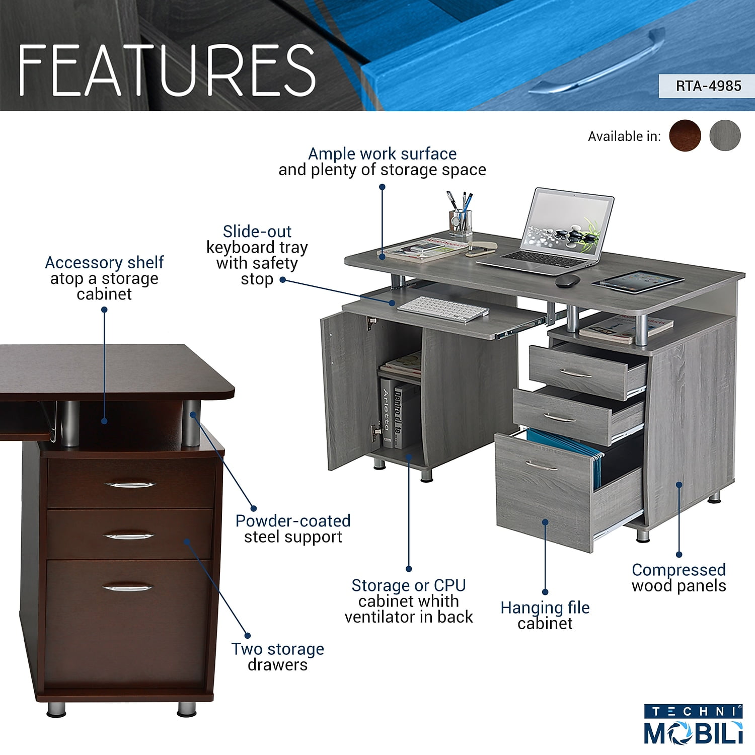 Techni Mobili 47"W Computer Desk Chocolate (RTA-4985-CH36)