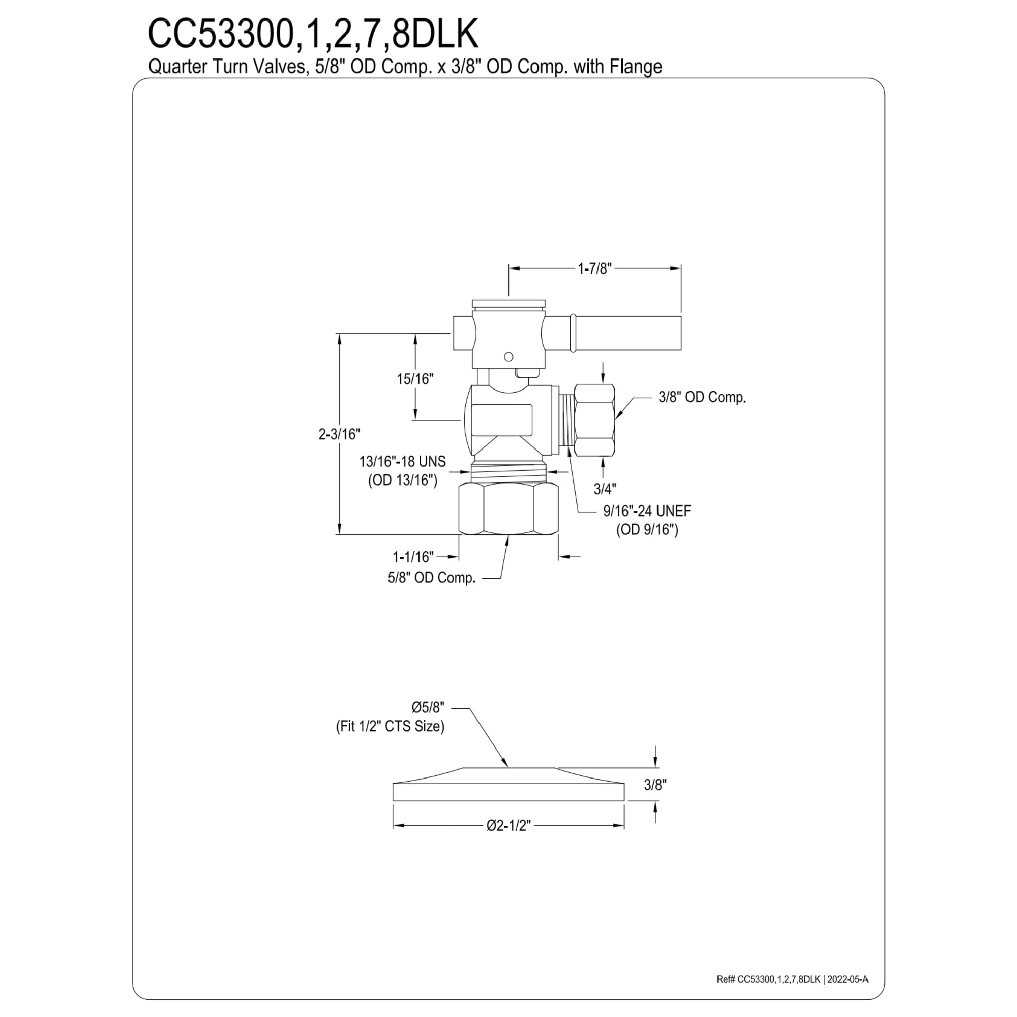 Kingston Brass CC53300DLK 5/8-Inch O.D. Comp x 3/8-Inch O.D. Comp Quarter-Turn Angle Shut-Off Valve with Flange in Matte Black