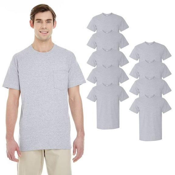 6 Pack Gildan Heavy Cotton Pocket T-Shirt, Short Sleeve Crewneck Classic Sport Grey Tee for Men, S