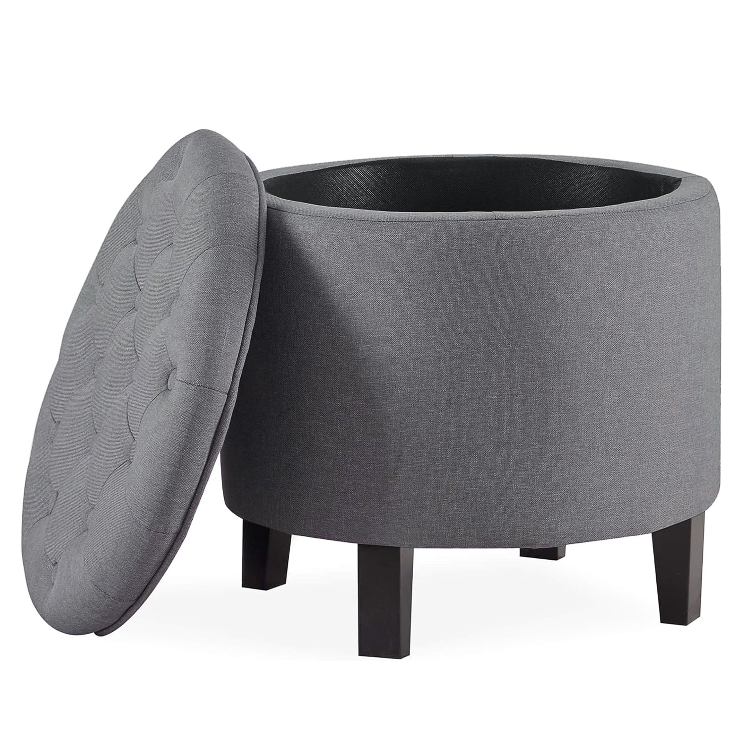 Belleze Nailhead Round Tufted Storage Ottoman Large Footrest Stool Lift Top, Gray