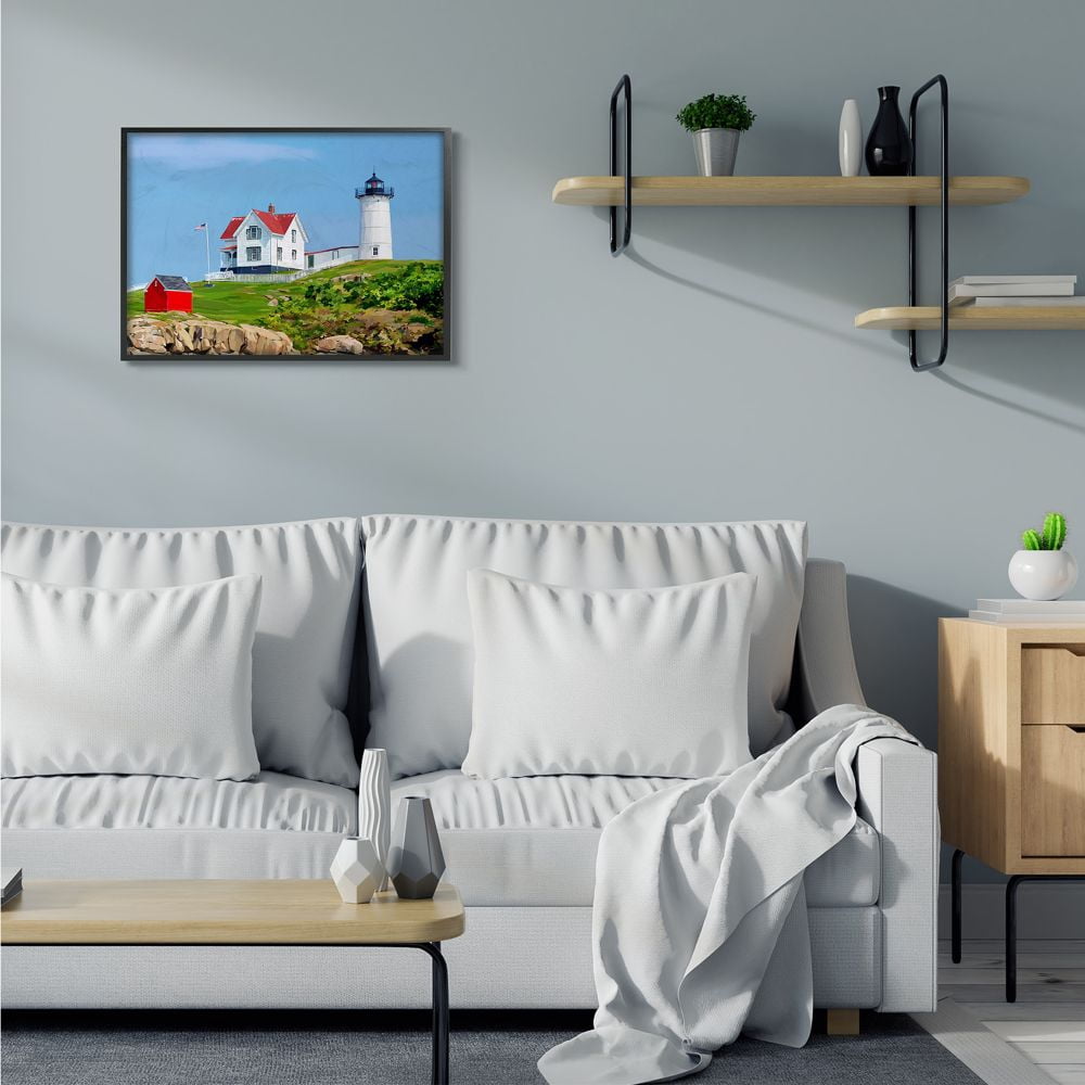 Stupell Industries Lighthouse On Hill Green Blue Coastal Painting Framed Wall Art by Emily Kalina