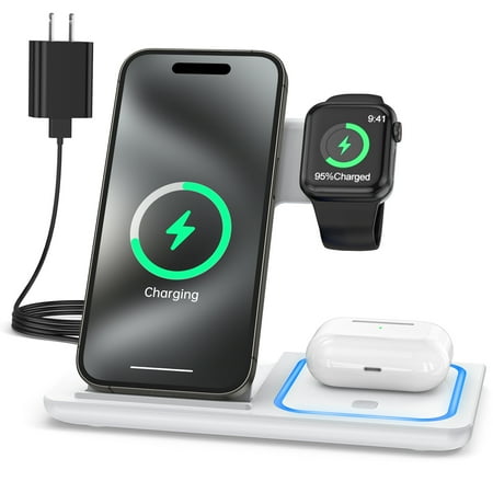 Wireless Charger, 3 in 1 Wireless Charging Station Dock with Breathing Indicator, Fast Charging Stand Compatible with IPhone 15/14/13/12/11 Pro Max/XS, Apple Watch 8/7/6/5/4, AirPods 3/2/Pro