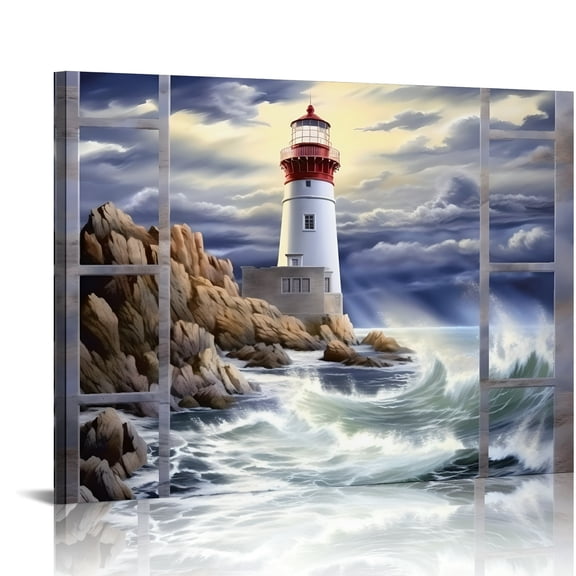 SUMAAFU Lighthouse Rocky Coast Ocean Canvas Print Wall Art Decor 16x12in