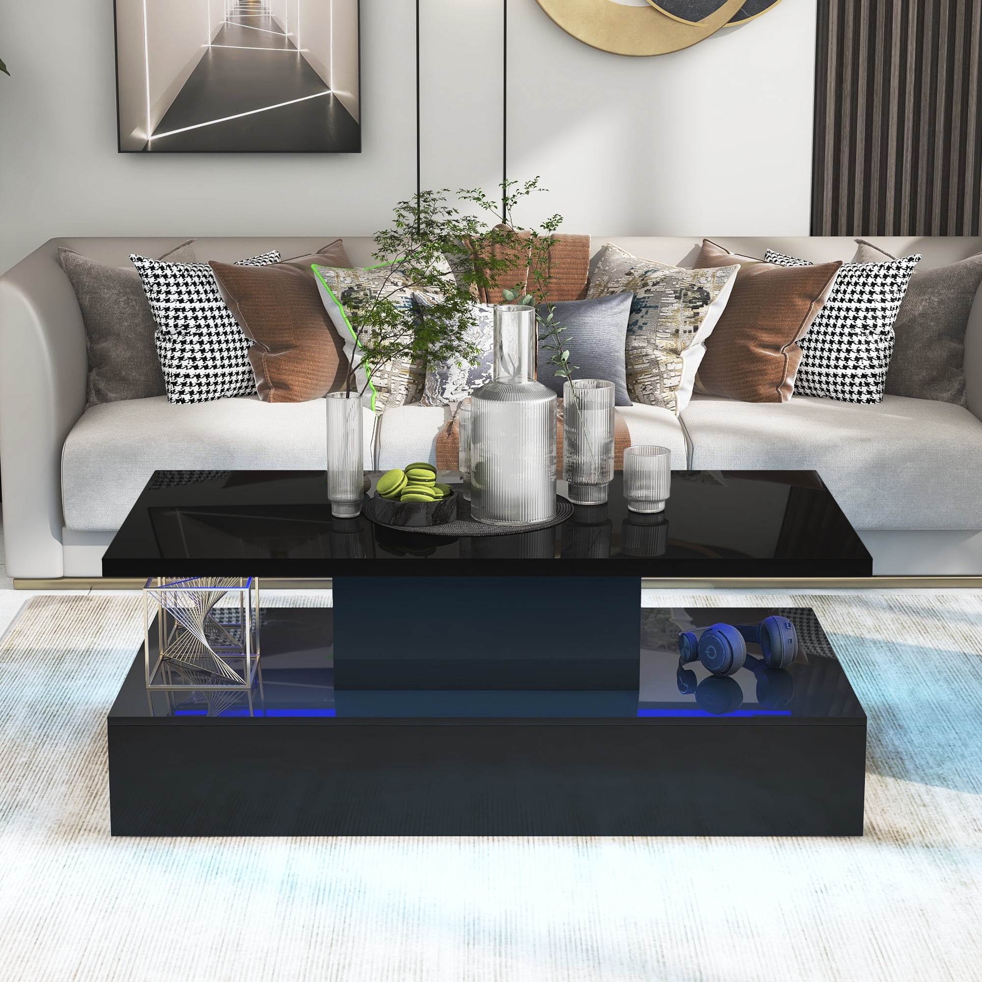 MAYEERTY Modern Industrial Coffee Table with LED Lighting, 16-Color Options & Remote Control, Cocktail Table for Living Room, Black