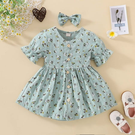 

KONBECA Toddler Girl Outfits Princess Dresses Baby Girls Flower Print Small Floral Puff Sleeve Short-sleeved with Hairpin Casual Dress Cotton Dresses Green (6-12 Months)