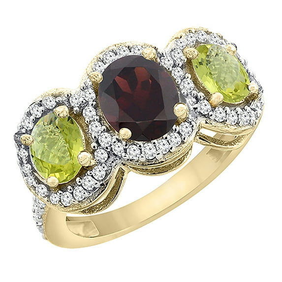 14K Yellow Gold Natural Garnet & Lemon Quartz 3-Stone Ring Oval Diamond Accent, size 7