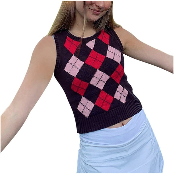 JINMGG 2024 Fall Winter Plus Size Sweaters for Women Clearance,Women's Sweater New Women's Round Neck Diamond Check Sweater Top Sleeveless Vest