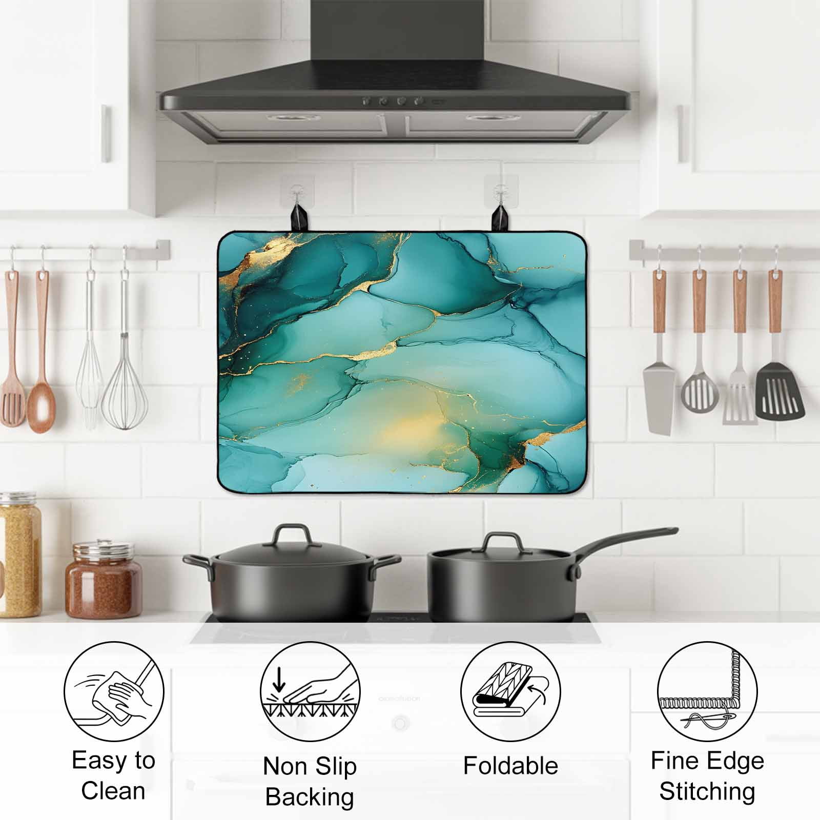 Teal Marble Stove Top Cover for Electric Stove, Heat-proof & Non Slip Glass Top Stove Cover Protector, Abstract Modern Ink Painting Art Kitchen Flat Cooktop Rubber Mat 24x21 Inches