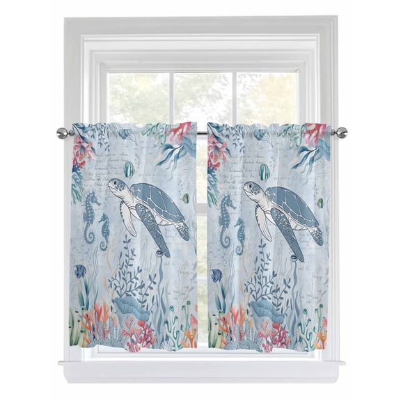 Blue Coastal Turtle 2 Panel Kitchen Curtains for Windows, Beach Nautical Ocean Coral Seahorse Bathroom Privacy Curtain, Home Décor Window Treatment for Bedroom/Living Room 55"x45"