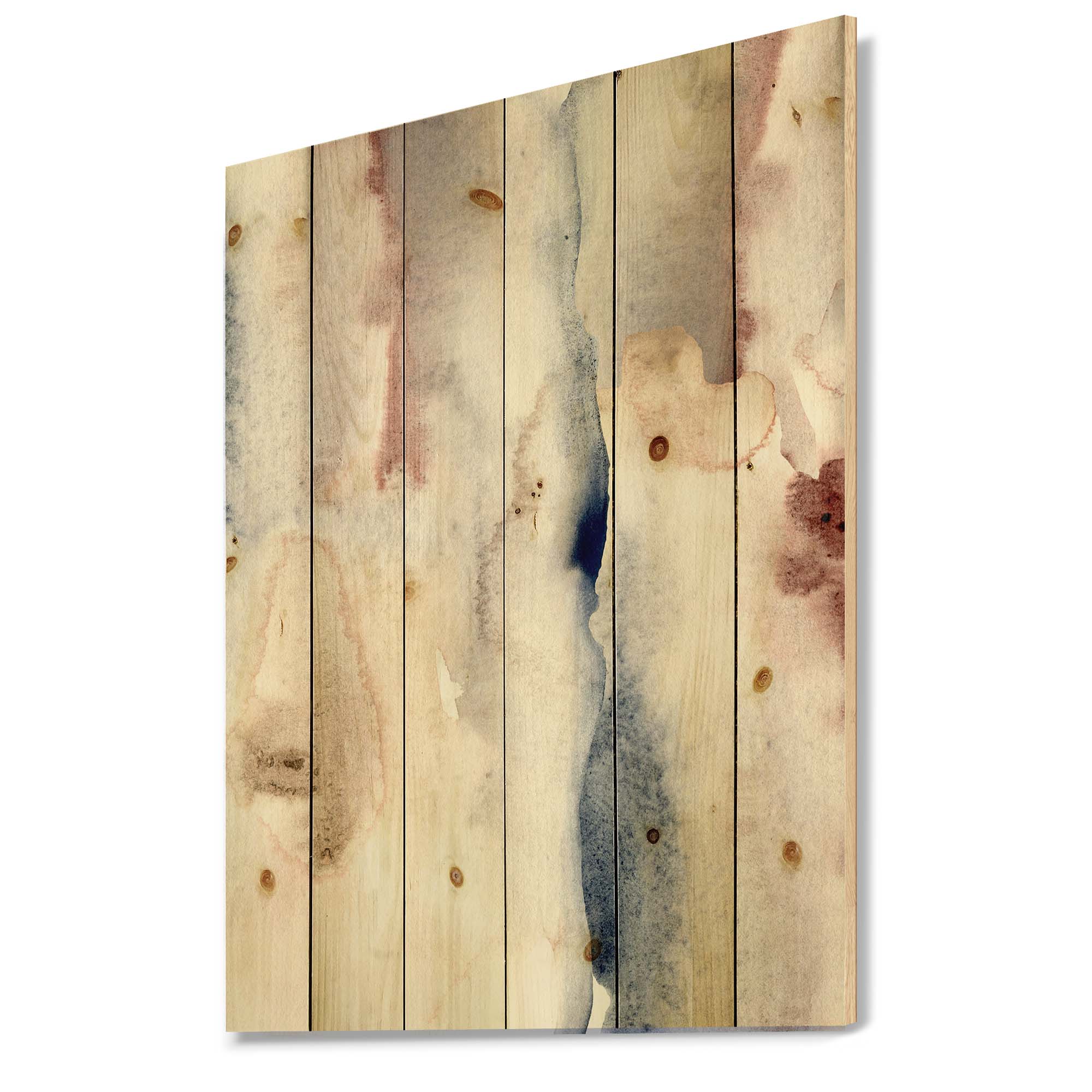 Designart 'Pastel Abstract With Pink Dark Blue and Gray Spots' Modern Print on Natural Pine Wood