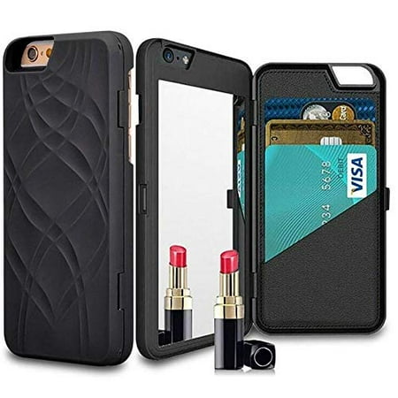 Leather Card Holder Mirror PC Case Stand Hard Back Cover, Black - iPhone 6 Plus & 6s