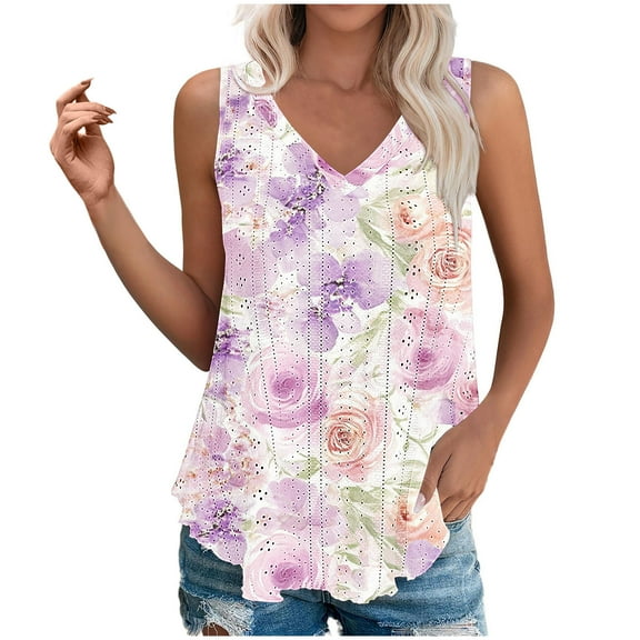 Simua Summer Tank Top for Women, Ladies Floral Printed V-neck Sleeveless Hollow Out Loose Flowy Top, Size S-3XL