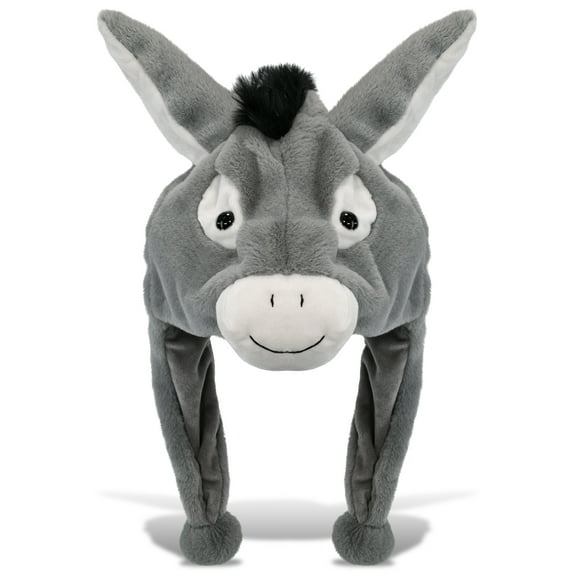 DolliBu Donkey Plush Hat - Donkey Stuffed Animal Winter Hat, Novelty Donkey Hat with Cozy Fleece, Warm Fluffy Beanie, Funny Adults and Kids Hat with Ear Flaps for Halloween or Cosplay - One Size