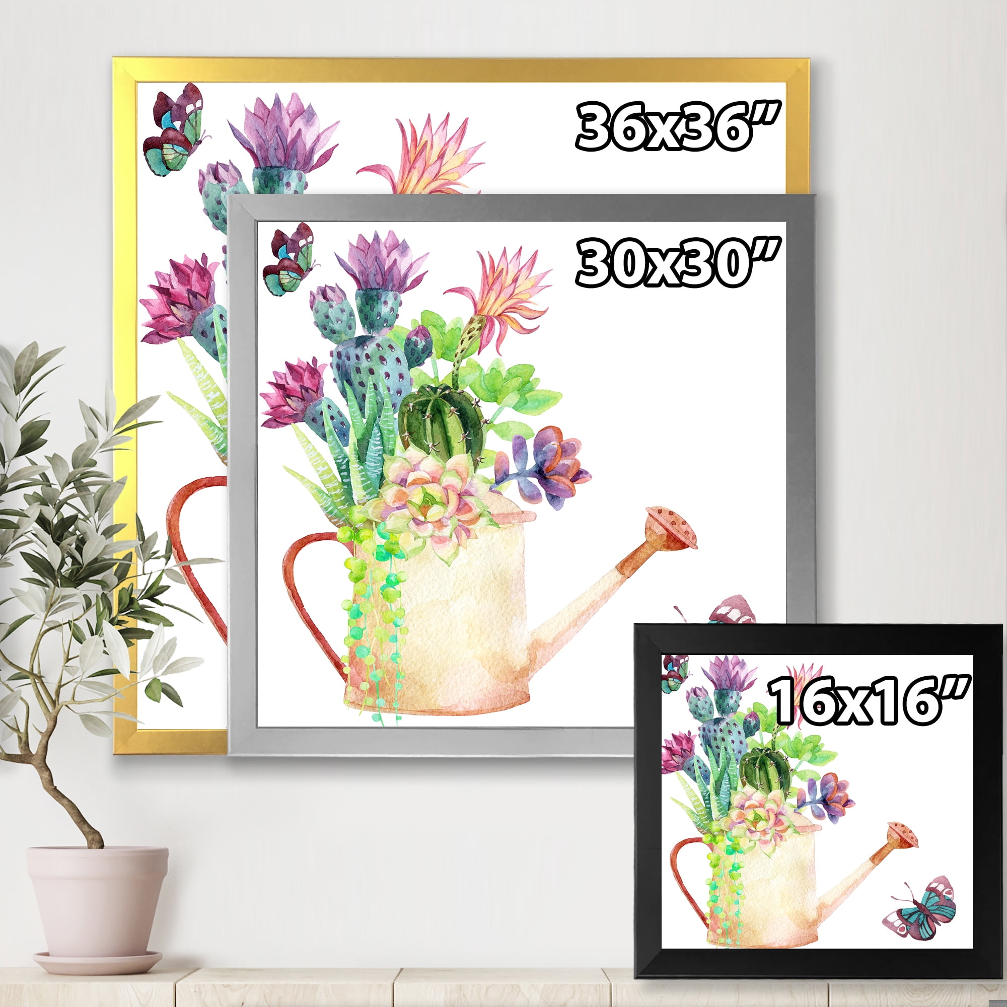Succulents In Old Watering Can With Butterfly 36 in x 36 in Framed Painting Canvas Art Print, by Designart