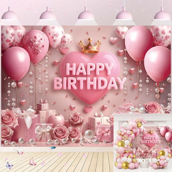 Pink Happy Birthday Backdrop Rose Gold Floral Heart Crown Balloon Elegant Photography Background Girls Princess Women Birthday Baby Shower Party Decorations Banner Supplies Photo Booth Props