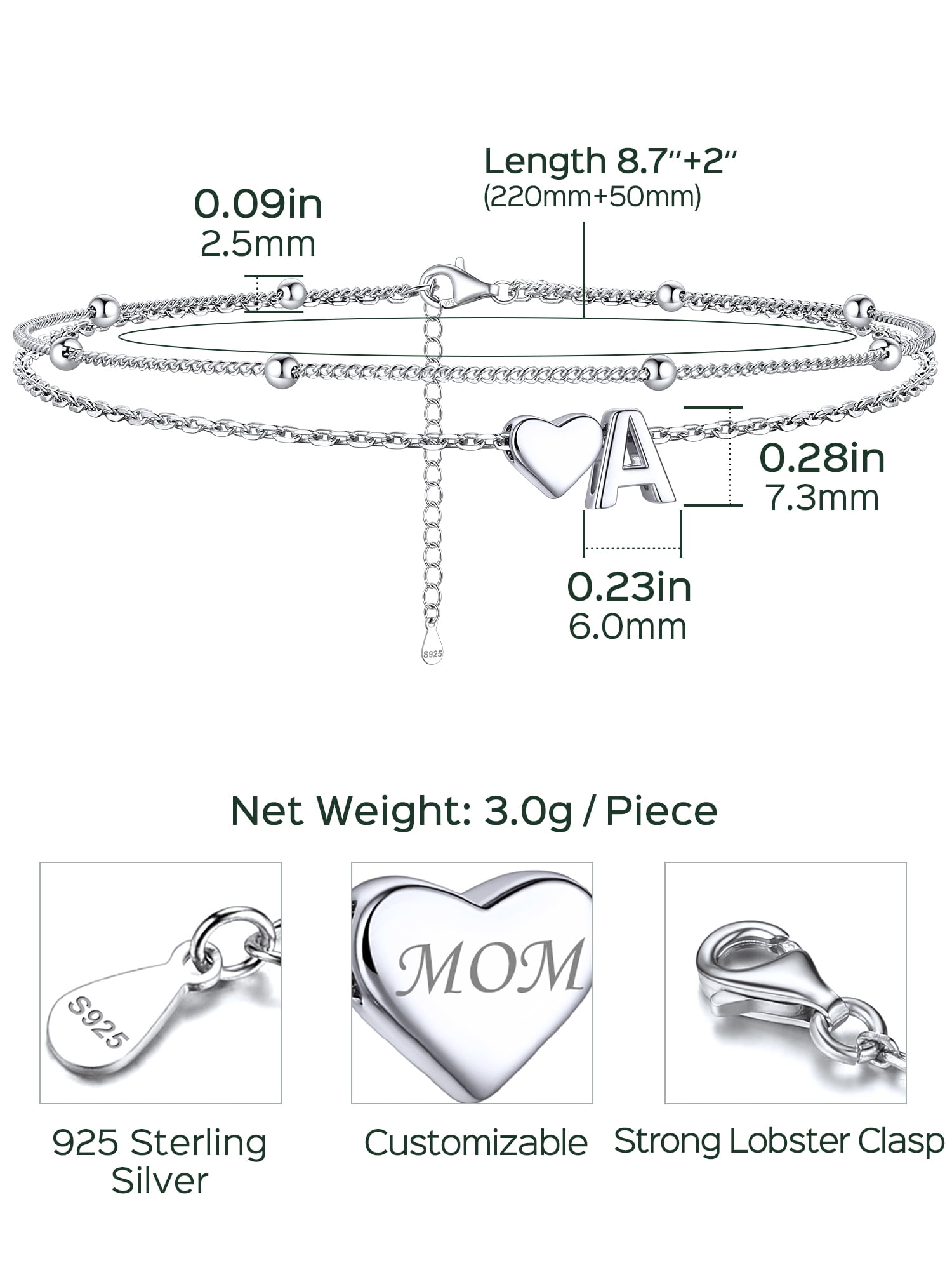 ChicSilver 925 Sterling Silver Initial Anklets for Women, Ankle Bracelets Hypoallergenic, Dainty Layered Heart Anklet With Initials 8.7-10.7 Inch Adjustable