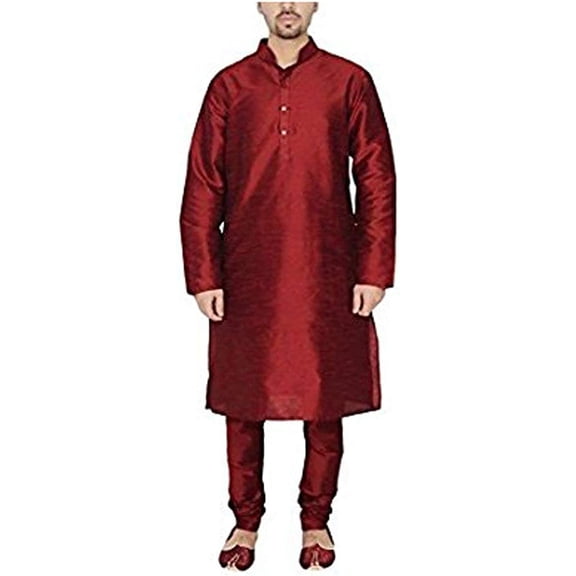 Royal Kurta Men's Luxury Art Silk Blend Occasional Kurta Churidar Set Red
