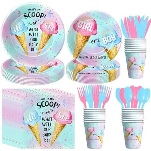 Ice Cream Gender Reveal Decorations Party Tableware - What's the Scoop Gender Reveal Decorations, Plate, Cup, Napkin, Cutlery, Ice Cream Theme Boy or Girl Gender Reveal Supplies | Serve 24