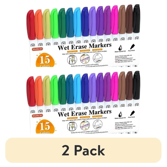 (2 pack) Wet Erase Markers, Shuttle Art 15 Colors 1mm Fine Tip Smudge-Free Markers, Use on Laminated Calendars,Overhead Projectors,Schedules,Whiteboards,Transparencies,Glass