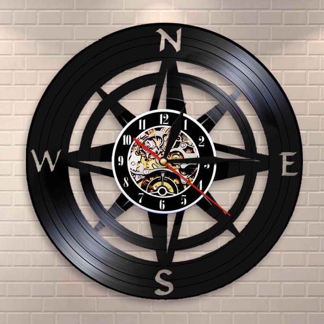 Windrose Compass Wall Art Modern Design Wall Clock Navy Home Decor Vinyl Record Wall Clock Nautical Compass Clock Wall Watch
