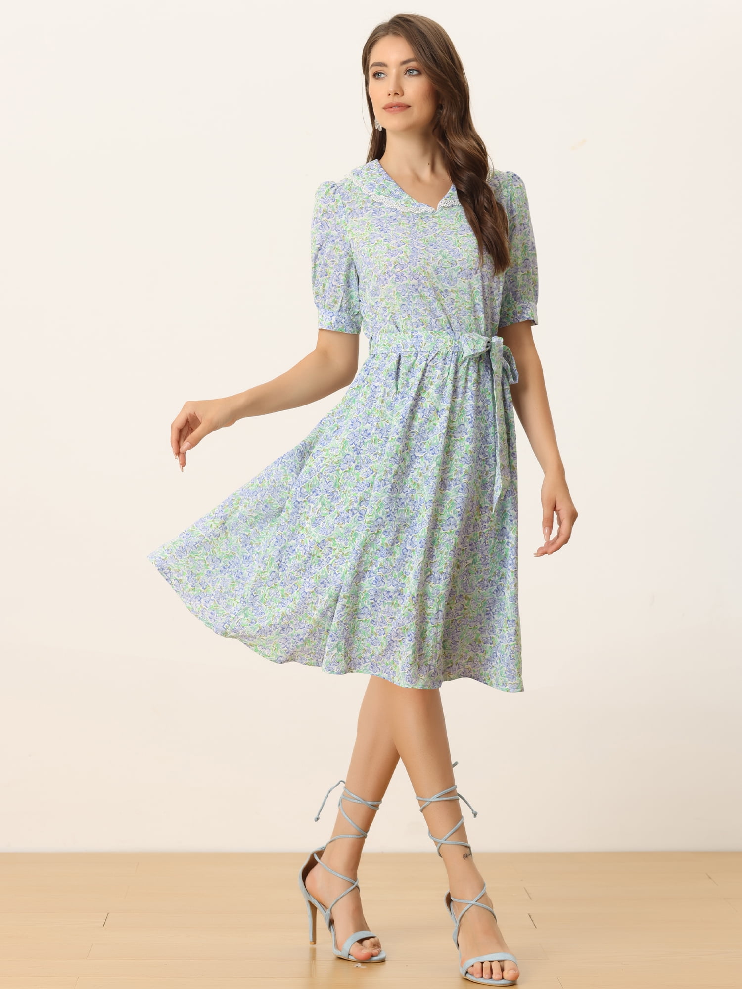 DARING DIVA Peter Pan Collar A-Line Flowy Midi Chiffon Floral Dress L White Floral