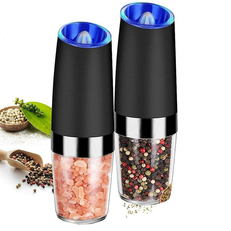 2xAdjustable Gravity Electric Salt and Pepper Grinder Set LED Salt