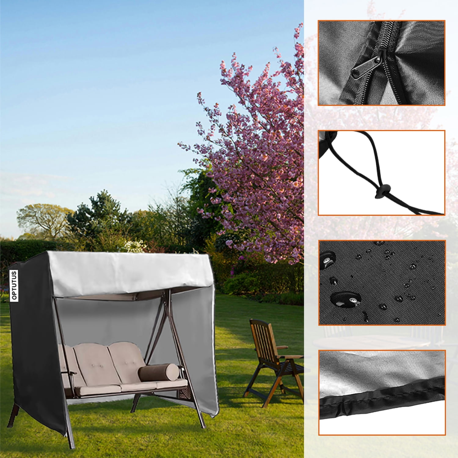 OPTUTUS Outdoor Swing Cover 3 Seater Hammock Cover, Waterproof Patio Bench Swing Cover for 87 inch Garden Glider Swing Canopy Black