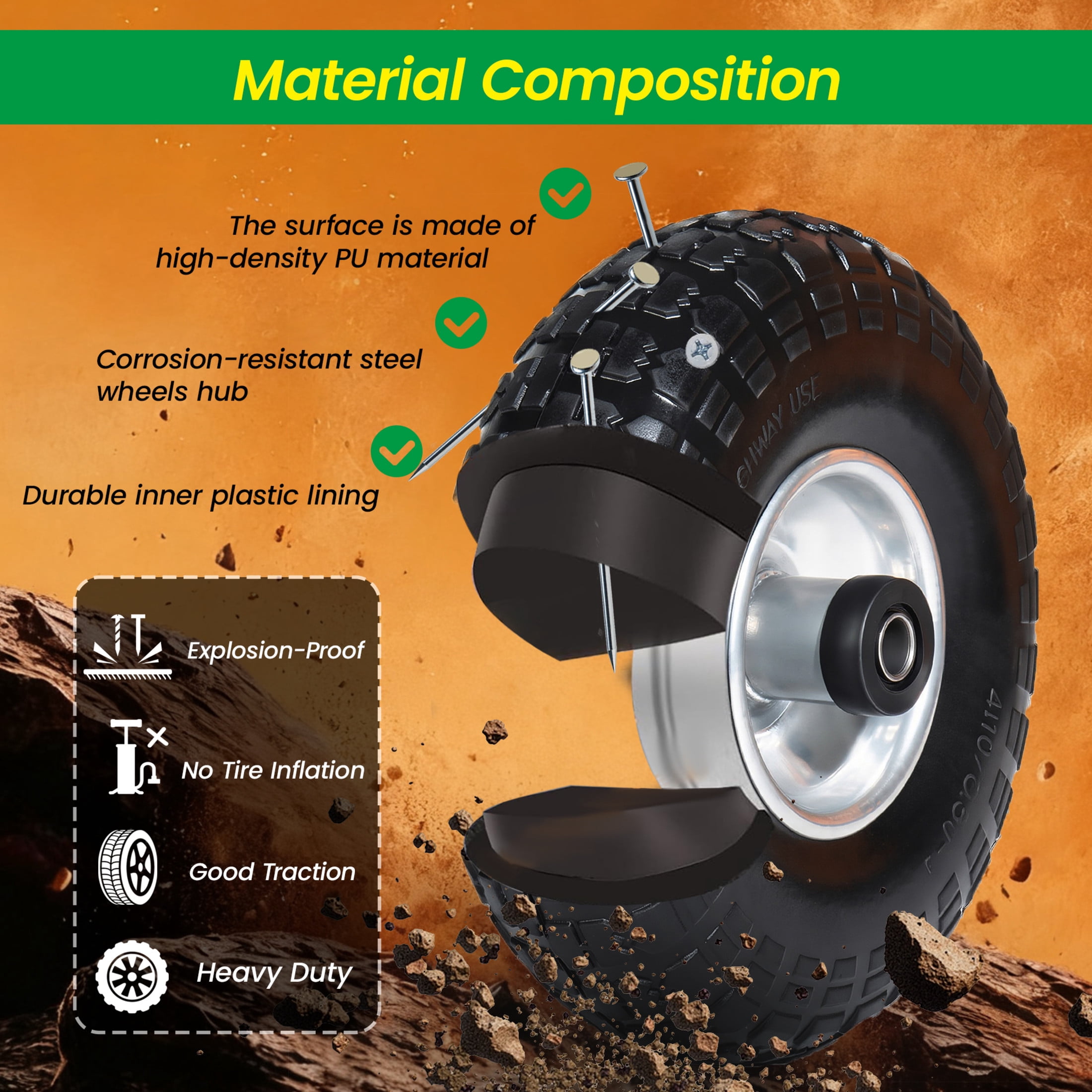 Noble House 10" x 3.2" Solid Flat-Free Tire & Wheel with 5/8" Bearings, Black, Heavy Duty for Wheelbarrows, Set of 4