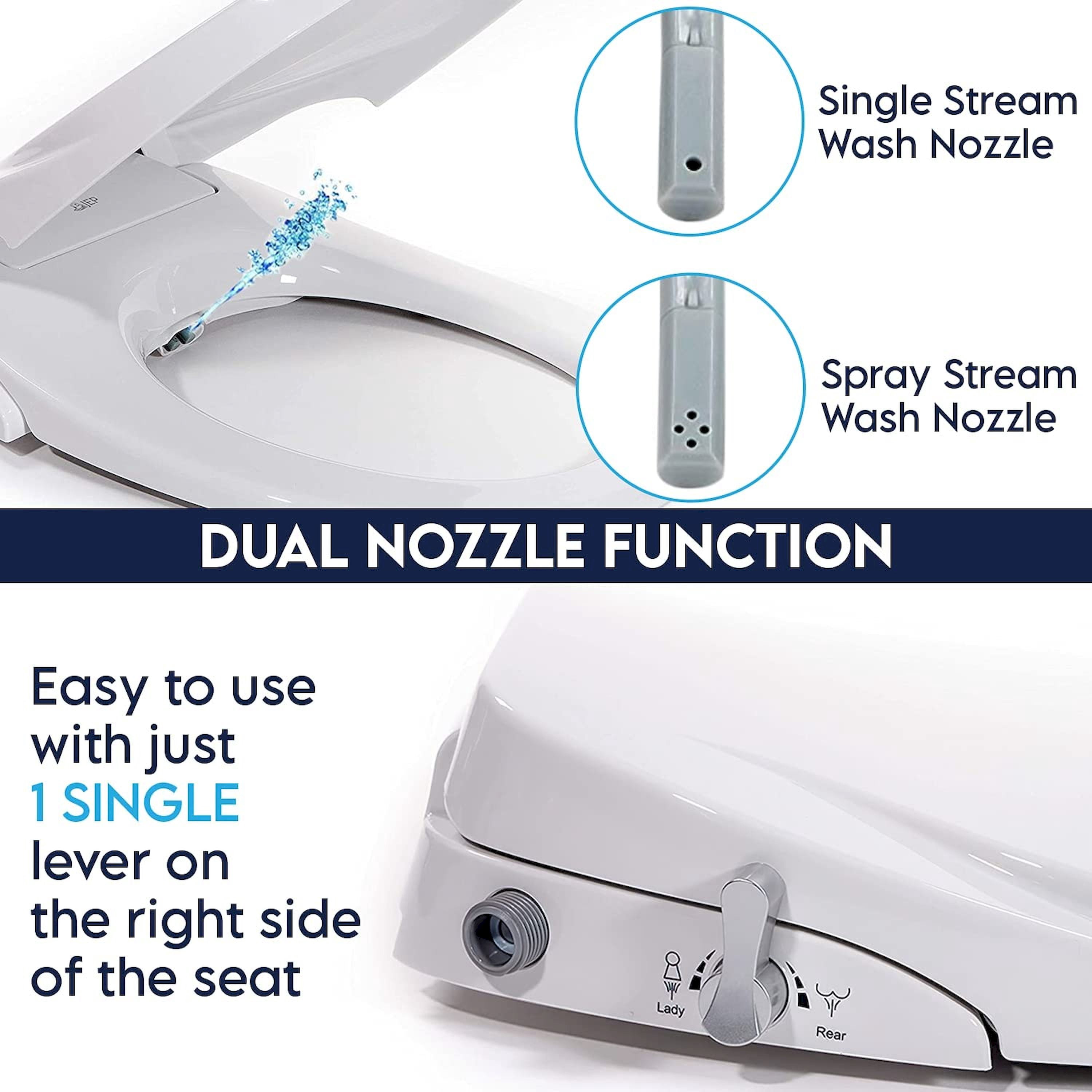 JEP101V Dual Nozzle Manual Bidet Toilet Seat for Round Toilets with Soft Close Seat and Cover | Bidet Seat for Rear & Feminine Cleaning, Easy to Install, Convenient, and Power Free