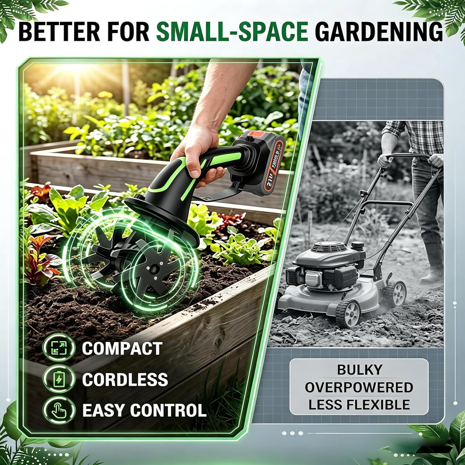 2-in-1 Cordless Tiller & Cultivator with Extension Pole, Battery Powered Handheld Garden Tiller, Electric Mini Rototiller, Rechargeable Soil Cultivator for Lawn, Vegetable Garden, Greenhouse