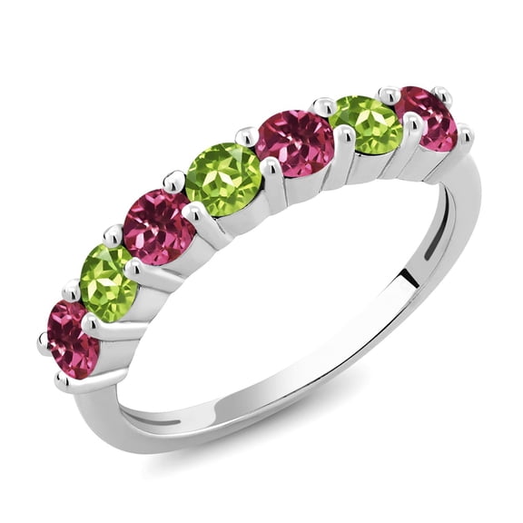Gem Stone King 925 Sterling Silver Round Pink Tourmaline Green Peridot Anniversary Ring for Women (1.22 Cttw, Gemstone Birthstone, Size 7) (Size 7)