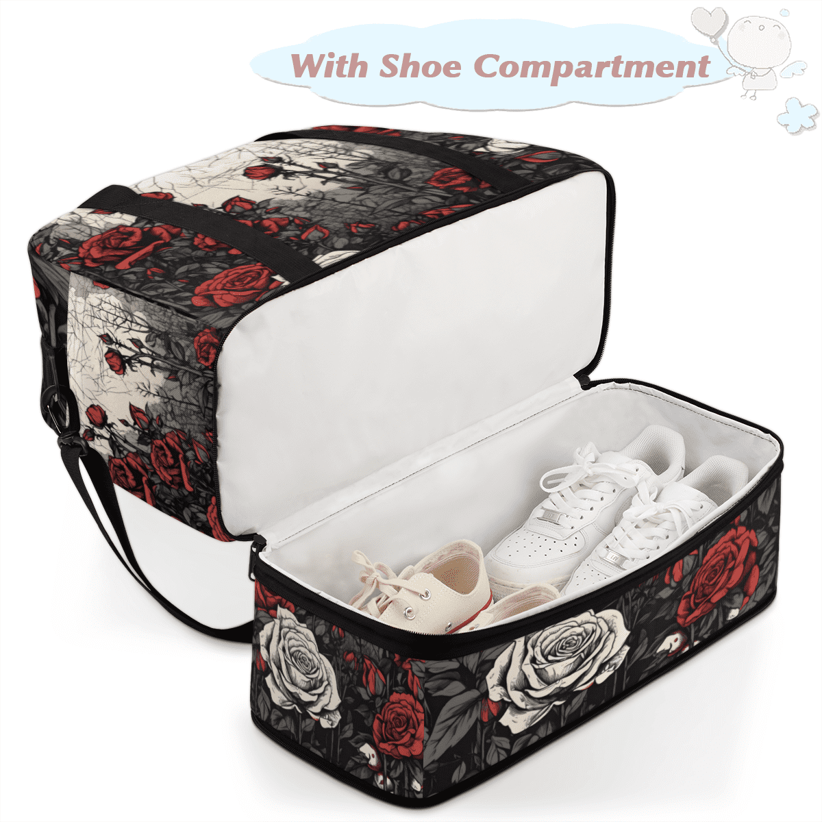 Herdesigns Rose Foldable Travel Duffle Bag for Women and Men Lightweight Carry On Overnight Bag Vintage Floral Flower Gym Luggage Weekender Bags with Shoe Compartment