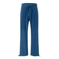 thumbnail image 4 of vigerkar Women's Cotton Linen Drawstring Wide Leg Pants High Waisted Casual Loose Trousers Straight Pants with Pockets Blue, XL, 4 of 6