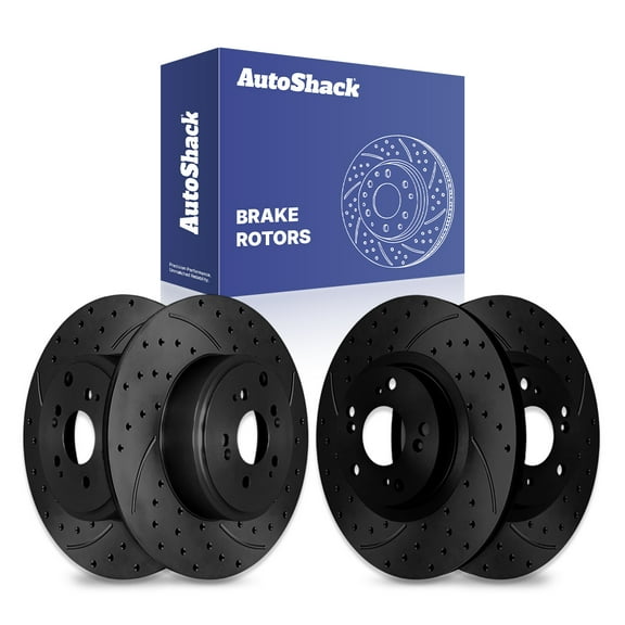 AutoShack Front Vented & Rear Solid Drilled & Slotted E-Coated Brake Rotors Black Finish 4-PC Set Replacement for 2006-2014 Honda Ridgeline NightGuard