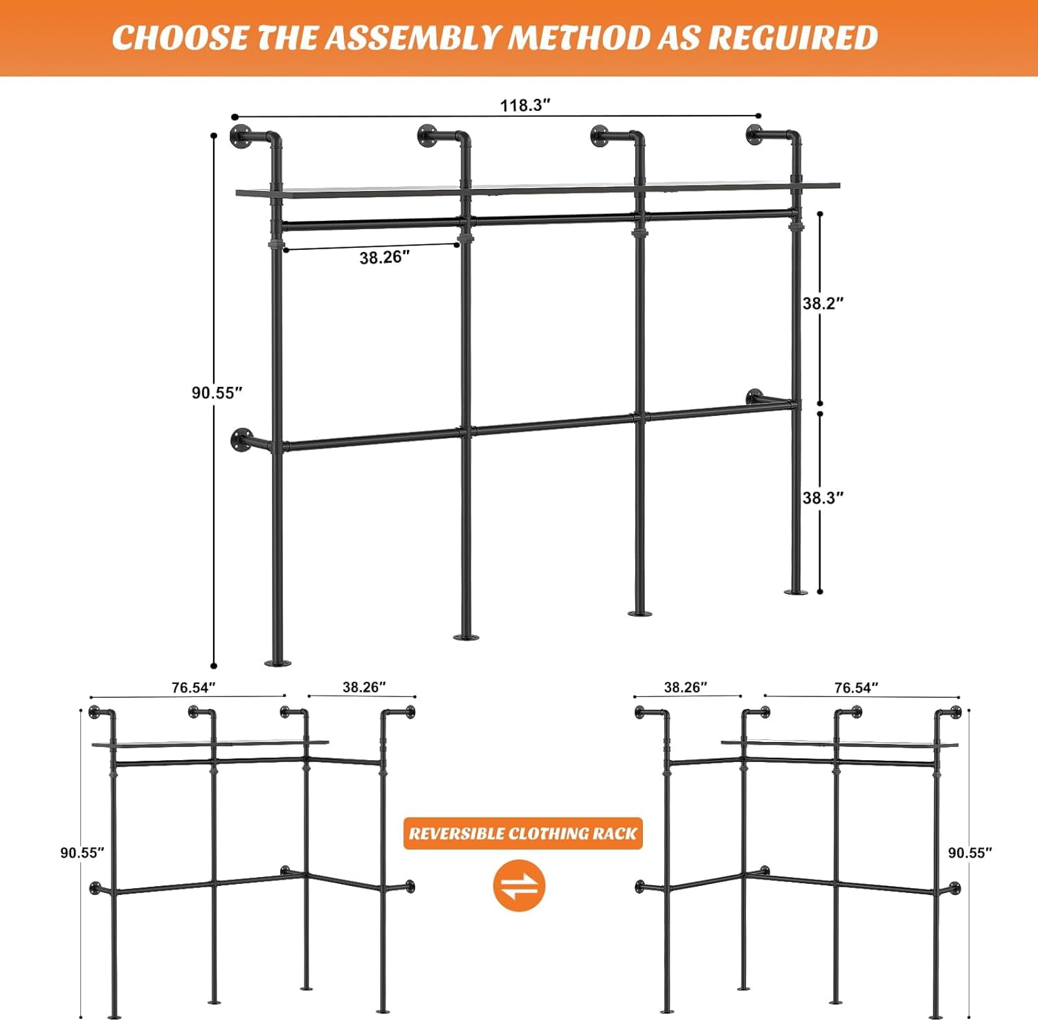 Homieasy Industrial Pipe Clothing Rack, Heavy Duty Garment Rack Closet Wardrobe Rack with LED Lights& Shelves, Black